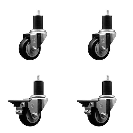 Service Caster 3'' Black Poly Wheel Swivel 1-3/4'' Expanding Stem Caster Set 2 Brakes, 4PK SCC-EX20S314-PPUB-BLK-2-PLB-2-134